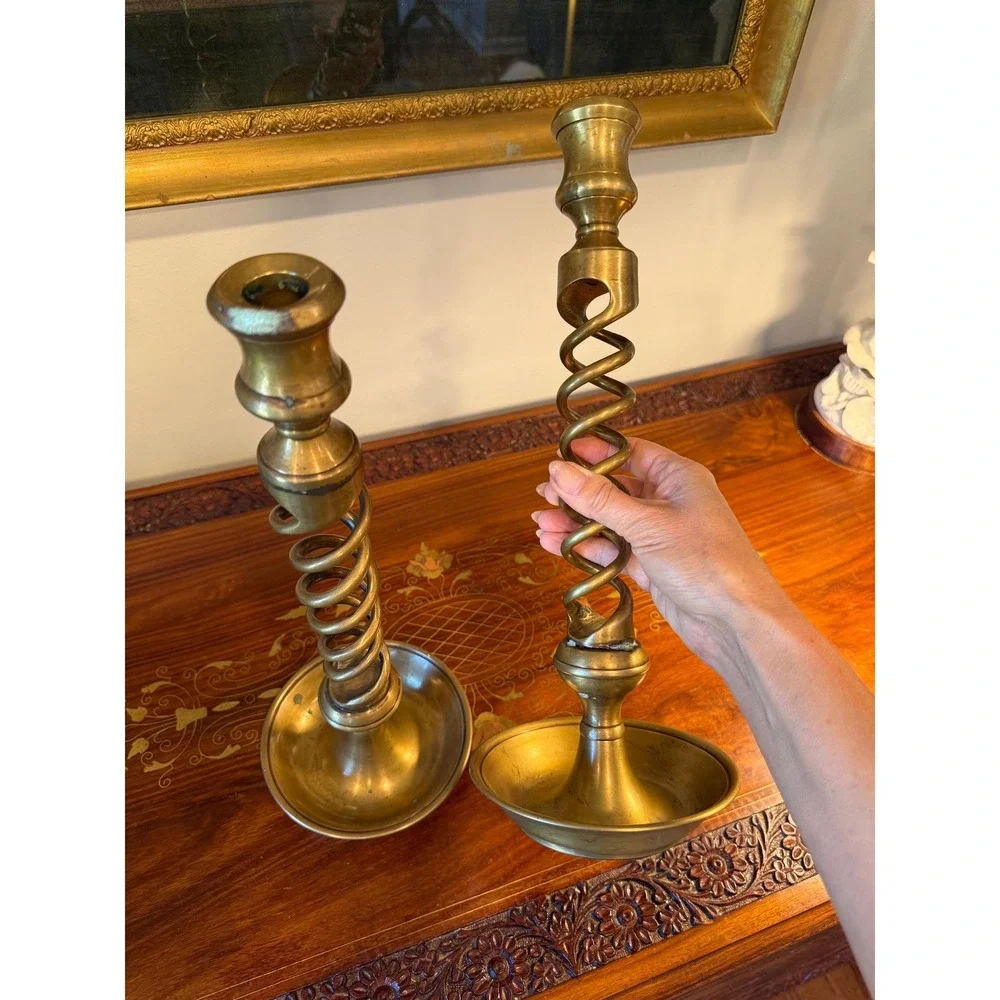Vintage Solid Brass Barley Twist Candlesticks Pair • 13.75
